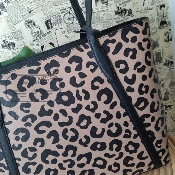 Kate Spade NWT Black Cara Leopard Animal Print Large Leather Tote Shoulder Bag - Picture 5 of 13